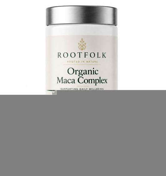 RootFolk Organic Maca Complex supplement bottle, 90 capsules