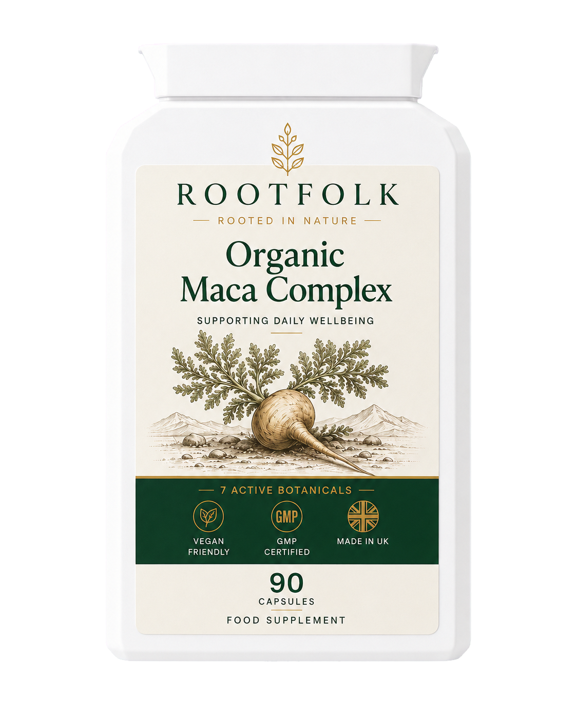 Rootfolk Maca Root Complex with Zinc white pot product render