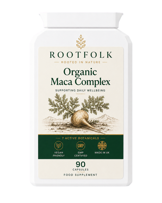 Rootfolk Maca Root Complex with Zinc white pot product render